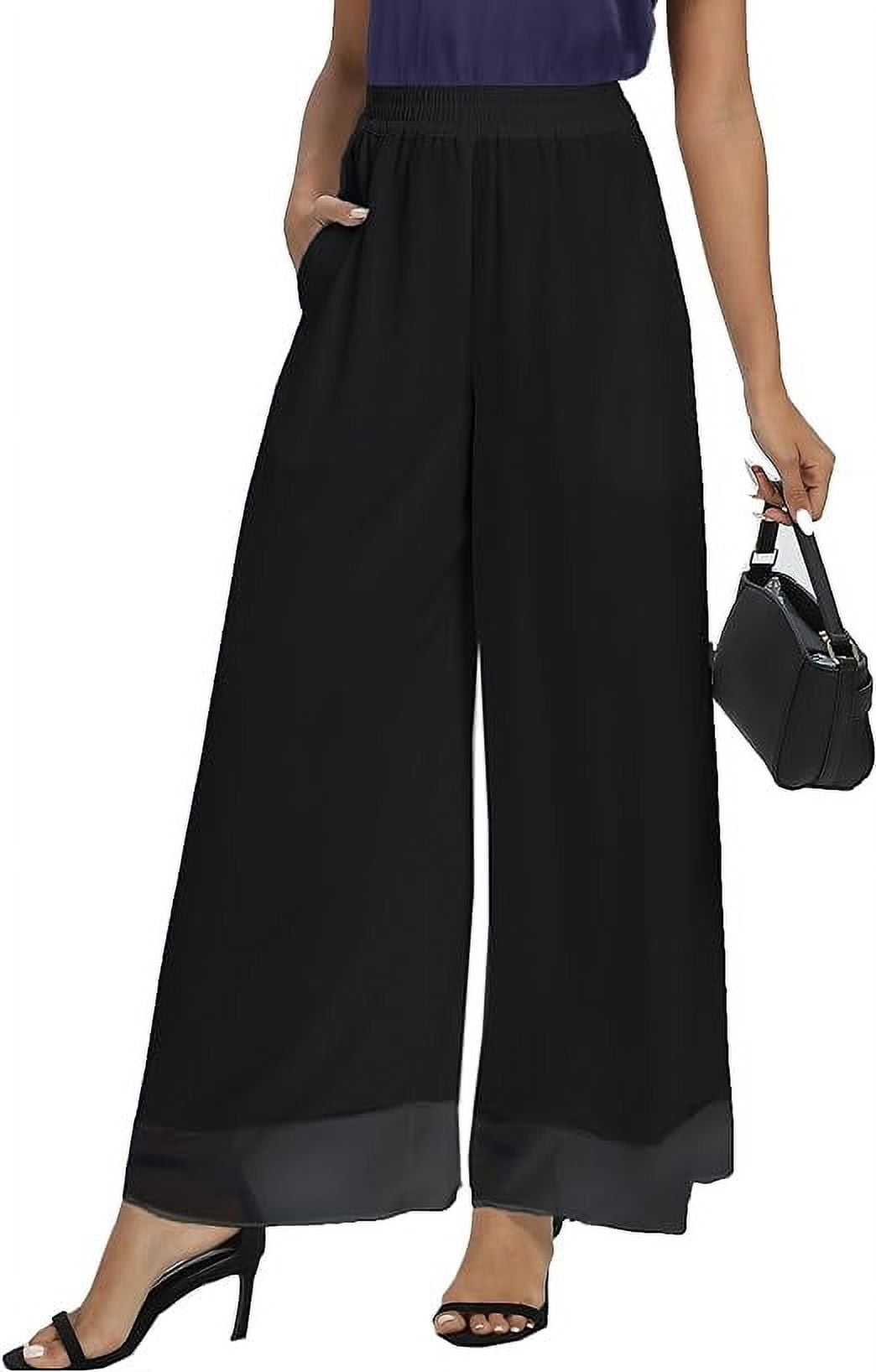 Womens Dress Pants Palazzo Wide Leg Beach Trouser Elastic Waist Chiffon Culottes with Pockets Black Size S-2XL