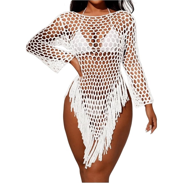 MLDRA Women's Hollow Out Sheer Swimsuit Cover Up Dress Fringe Long