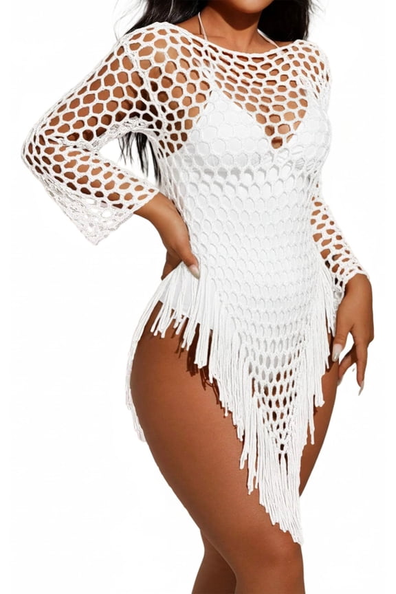 Women's Swimsuit Cover Up Crochet Beach Coverups, Long Sleeve Fringe Knit Hollow Out Tops Summer 2025