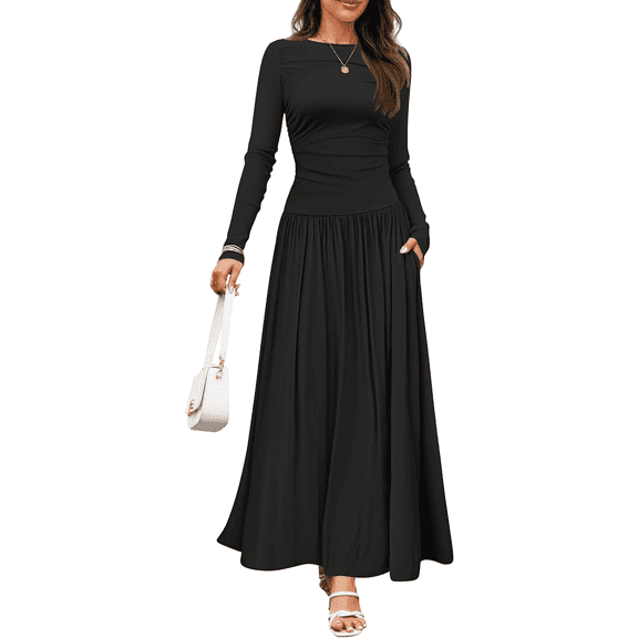 MLDRA Maxi Dresses for Women Long Sleeve Cotton Elegant Womens Dresses Casual or Formal Party Dresses Long Dresses for Women Black