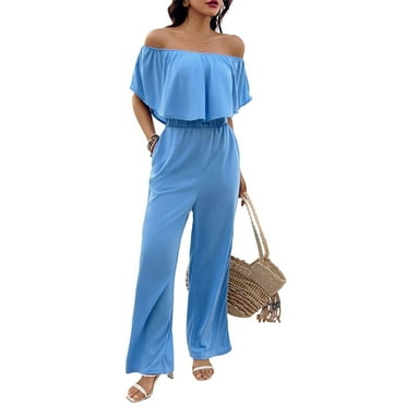 MLDRA Women’s Overalls Casual Jumpsuit Off Shoulder with Ruffle Sleeves, Wide Leg Romper with Drawstring Waist and Pockets for Summer