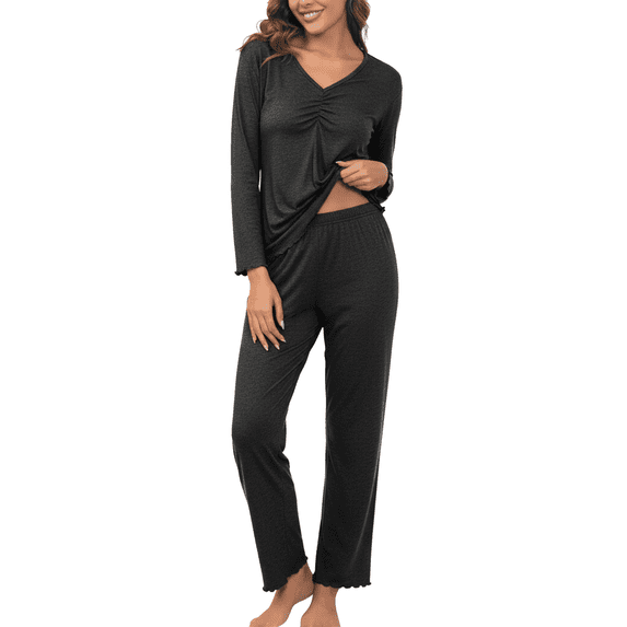 MLDRA Women's Pajama Sets 2 Piece Lounge Set Long Sleeve V Neck Top and Pants Soft Sleepwear Nightwear Pjs Fall Dark Grey