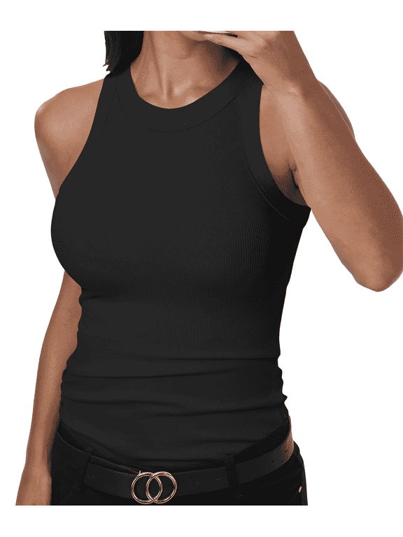 Women’s Sleeveless Tank Top Ribbed High Neck Racerback Fitted Casual Basic Summer Top 2026 Black