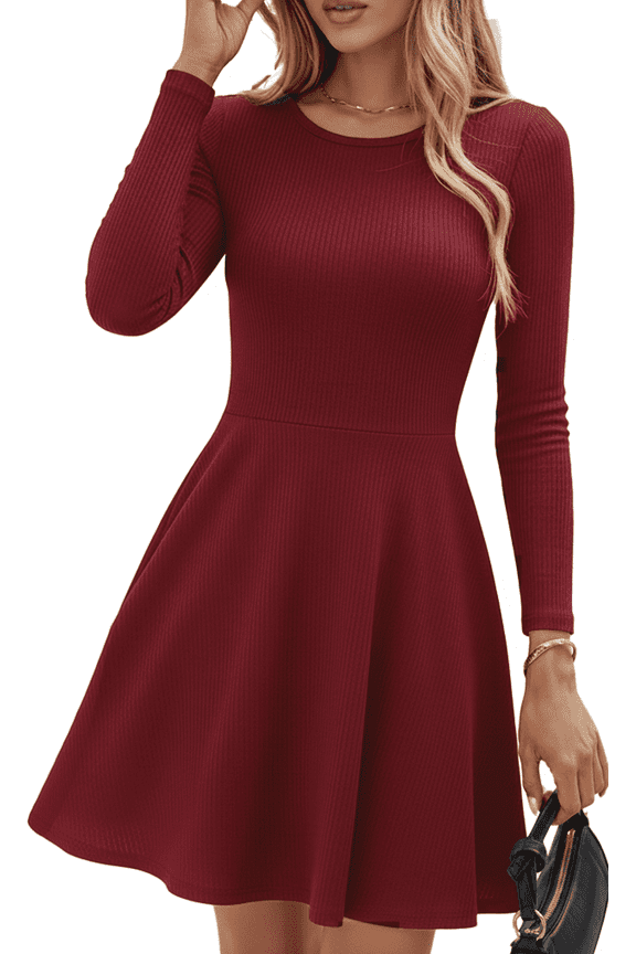 Dress for Women Casual Long Sleeve Ribbed Knit A-Line Flowy Fall Winter Sweater Dress, Crewneck Elegant Going Out Dresses for Women 2026