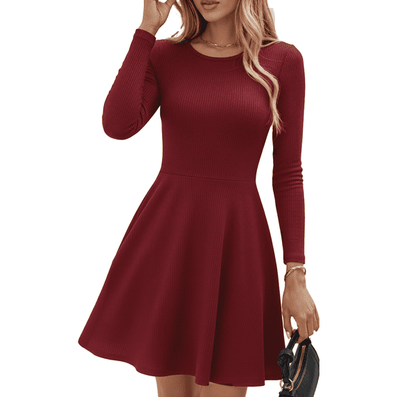 MLDRA Dress for Women Casual Long Sleeve Ribbed Knit A-Line Flowy Fall Winter Sweater Dress, Crewneck Elegant Going Out Dresses for Women 2026