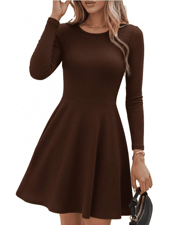 Dress for Women Casual Long Sleeve Ribbed Knit A-Line Flowy Fall Winter Sweater Dress, Crewneck Elegant Going Out Dresses for Women 2026