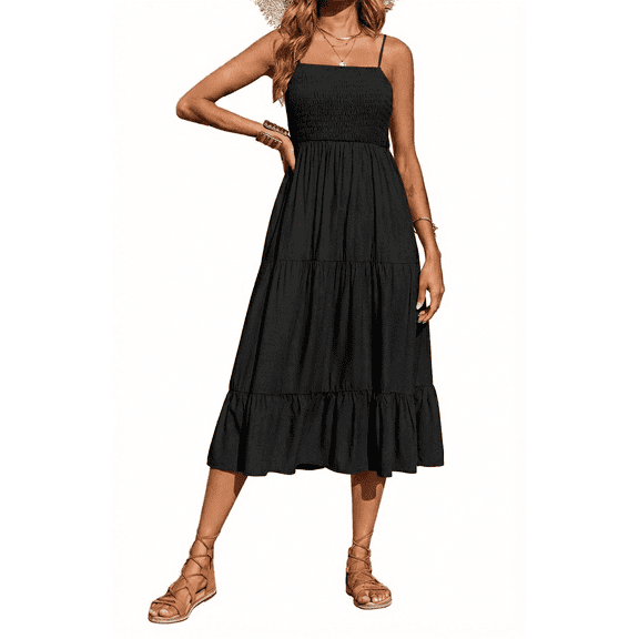 MLDRA Women’s Summer Sleeveless Midi Dress Spaghetti Strap Flowy Smocked Tiered Loose Fit Casual for Beach Vacation, Black