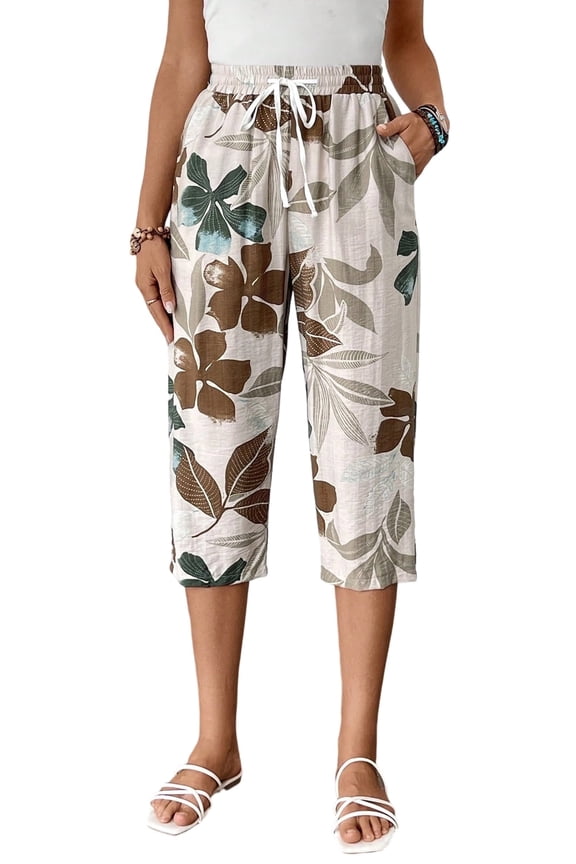 Womens Capri Pants Loose High Waisted Wide Leg Lounge Pants Drawstring Casual Palazzo Trousers with Pockets