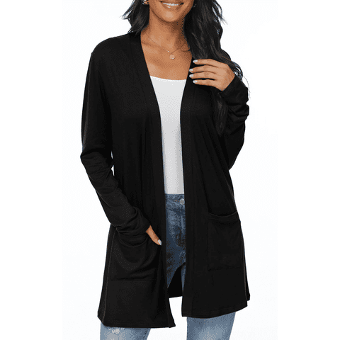Women's Open Front Lightweight Casual Long Sleeve Cardigan with Pockets, Black, 2026