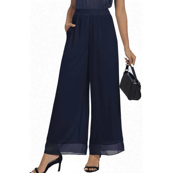 MLDRA Womens Dress Pants Palazzo Wide Leg Beach Trouser Chiffon Elastic Waist Culottes with Pockets Blue Size L