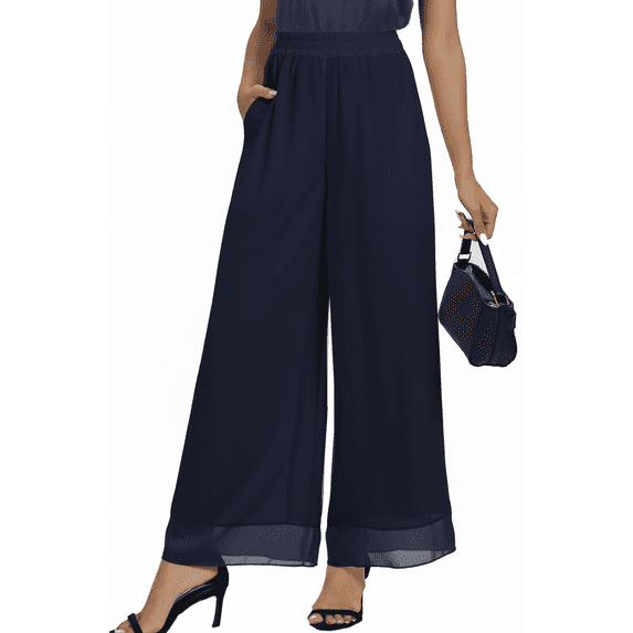 MLDRA Womens Dress Pants Palazzo Wide Leg Beach Trouser Chiffon Elastic Waist Culottes with Pockets Blue Size L