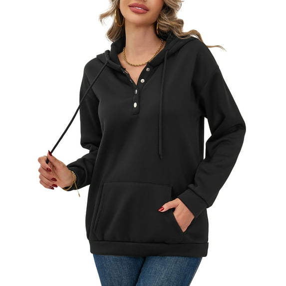 MLDRA Womens Hoodies Sweatshirts V Neck Long Sleeve Button Down Pullover Top Drawstring with Pocket