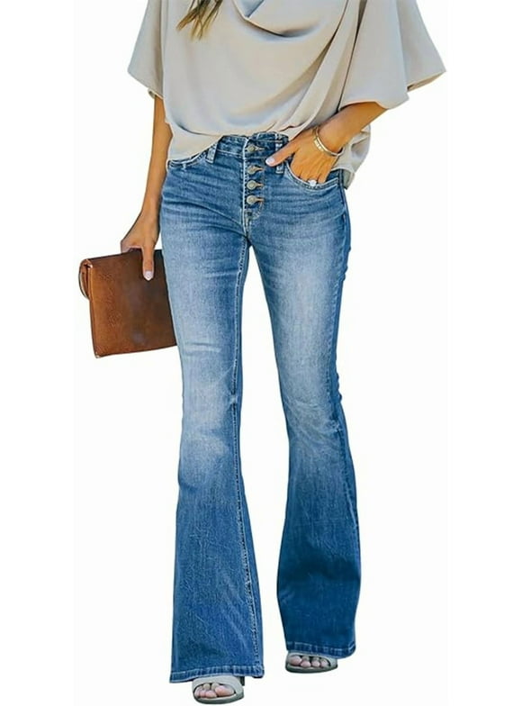 Womens Jeans Flare Bell Bottom High Waist Bootcut Button Fly Slim Vintage Trousers Denim Pants