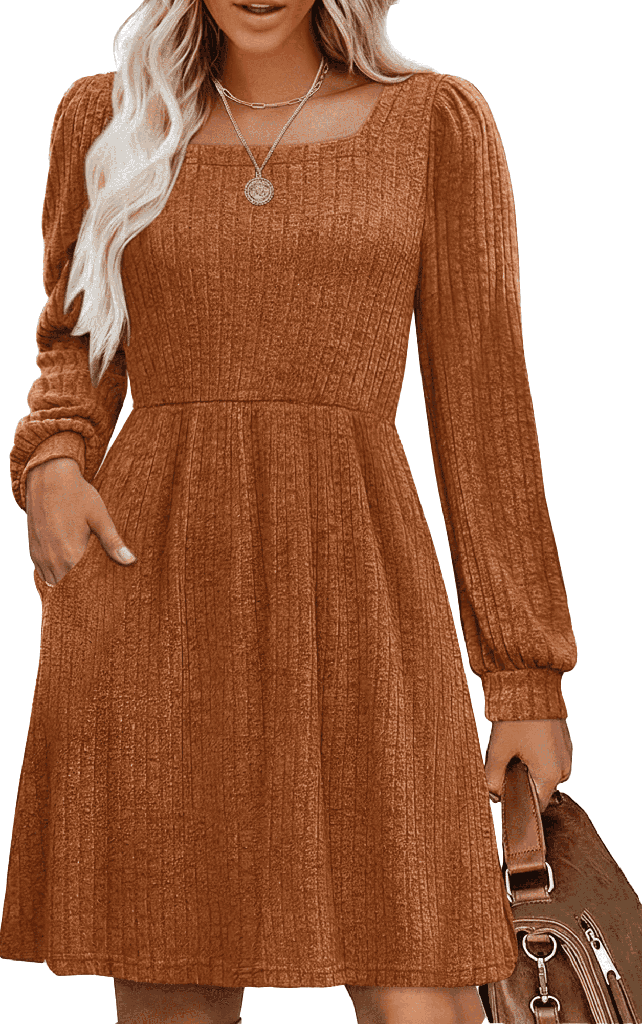 Knee Length Ladies Dresses Women's Fit And Flare Dress With Sleeves  Women's Long Sleeve Sweater Dress Crew Neck A Line Fall Dresses