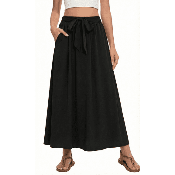 MLDRA Skirts for Women Elastic High Waist Maxi Skirt with Pockets Trendy Tie Knot Dressy Casual A-line Long Flowy Pleated Skirts