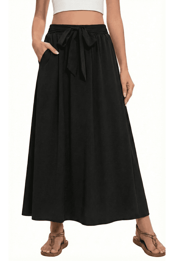 Skirts for Women Elastic High Waist Maxi Skirt with Pockets Trendy Tie Knot Dressy Casual A-line Long Flowy Pleated Skirts
