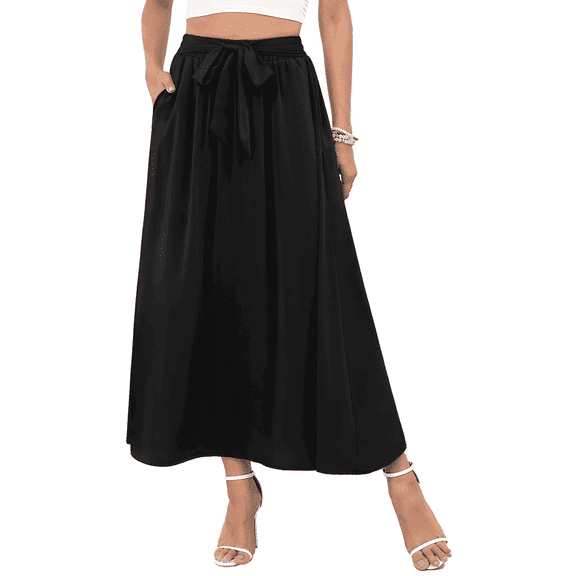 MLDRA Skirts for Womens Maxi Skirts with Pockets Trendy Tie Knot Elastic High Waisted Casual Flowy A-line Long Pleated Skirts 2026 Spring