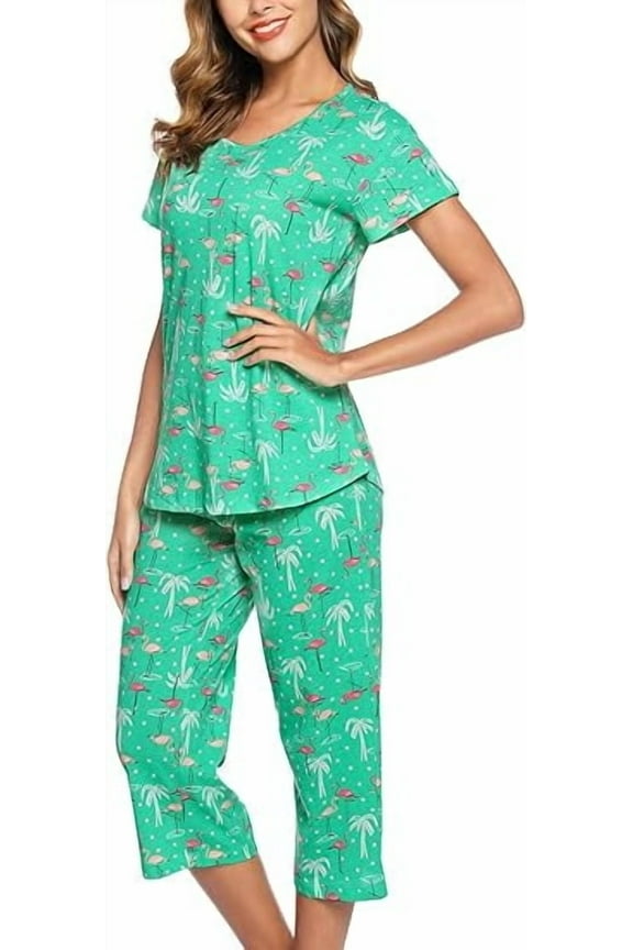 Womens Pajama Sets 2 Piece Cotton Lounge Set Lightweight Pj Set Short Sleeve Tops With Capri Pants Cute Ladies Sleepwear Summer Set