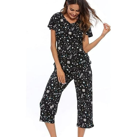 MLDRA Womens Pajama Sets 2 Piece Cotton Lounge Set Lightweight Pj Set Short Sleeve Tops With Capri Pants Cute Ladies Sleepwear Summer Set
