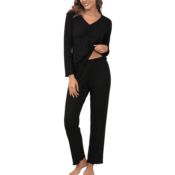 MLDRA Women’s Pajama Sets 2 Piece Lounge Set Long Sleeve V Neck Top and Pants Soft Sleepwear Nightwear Pjs Fall Black