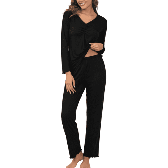 MLDRA Women’s Pajama Sets 2 Piece Lounge Set Long Sleeve V Neck Top and Pants Soft Sleepwear Nightwear Pjs Fall Black