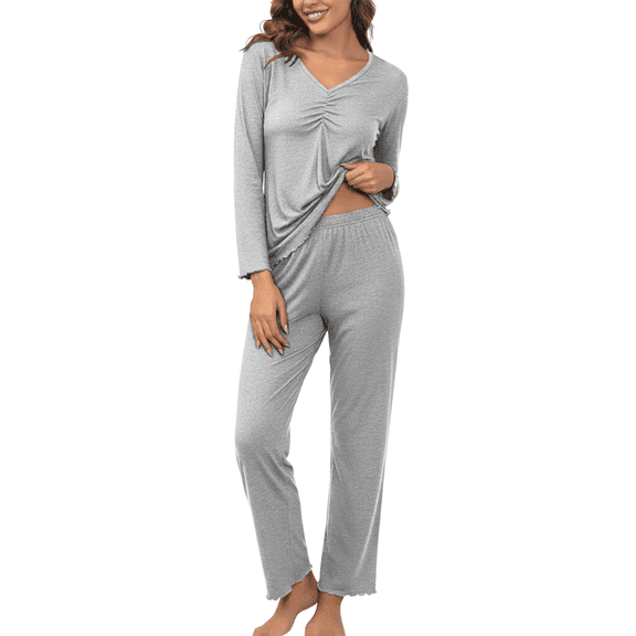 MLDRA Women’s Pajama Sets 2 Piece Lounge Set Long Sleeve V Neck Top and Pants Soft Sleepwear Nightwear Pjs Fall Grey