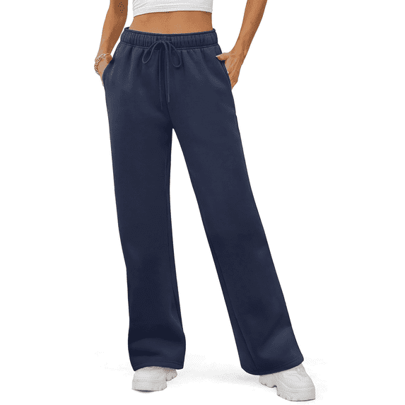 MLDRA Women's Sweatpants Fleece Lined Wide Leg Joggers Baggy Lounge Pants with Drawstring Elastic Waist and Pockets Fall Winter 2025 Navy Blue