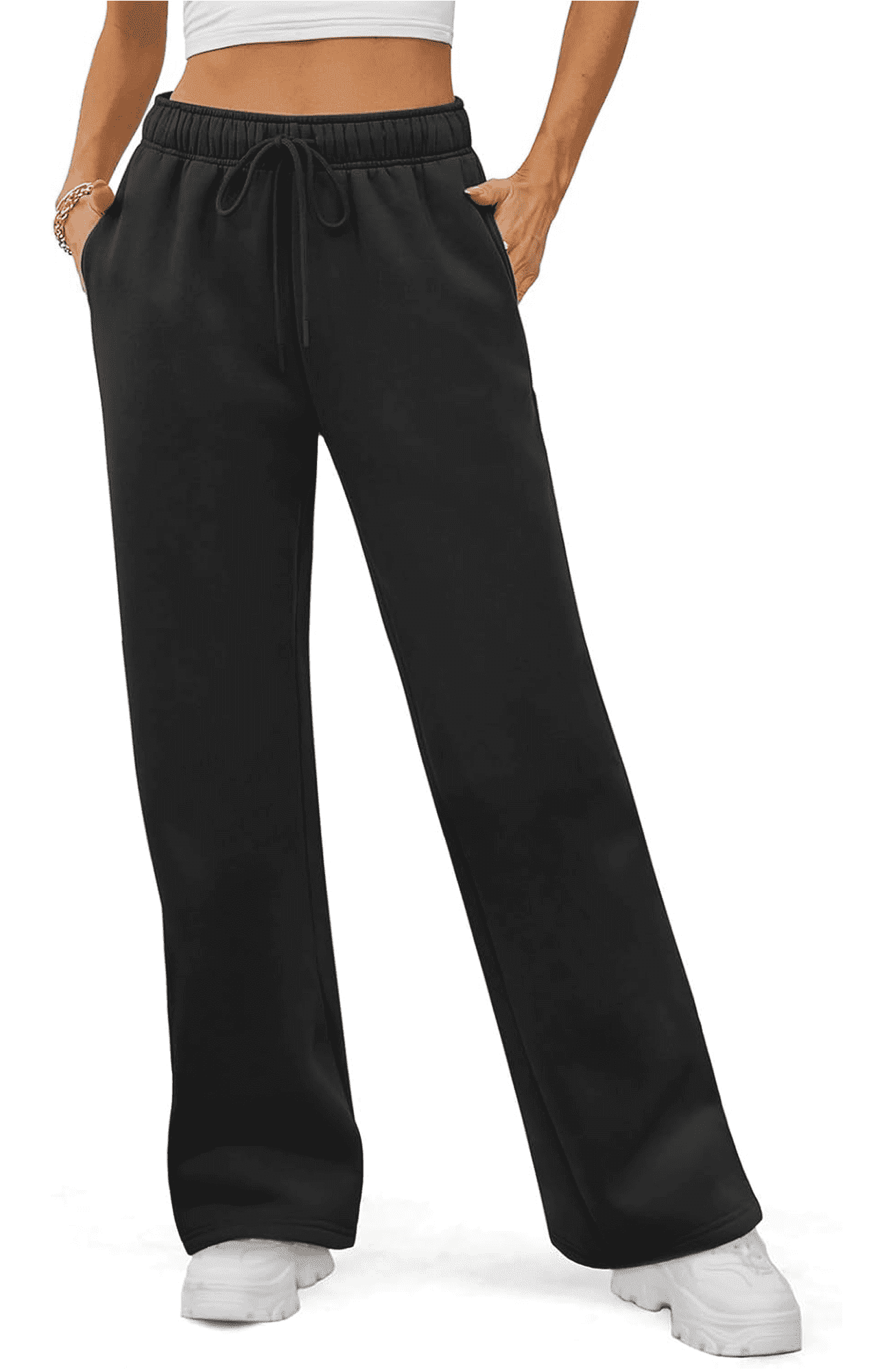 Women's Sweatpants Fleece Lined Wide Leg Joggers Baggy Lounge Pants with Drawstring Elastic Waist and Pockets Fall Winter 2025 Black