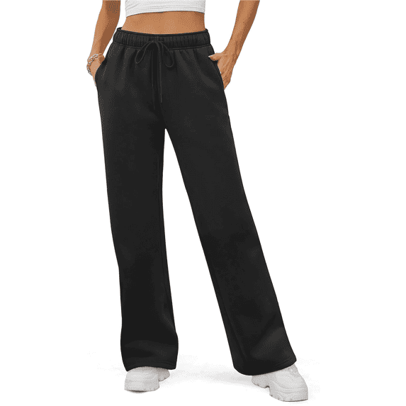 MLDRA Women's Sweatpants Fleece Lined Wide Leg Joggers Baggy Lounge Pants with Drawstring Elastic Waist and Pockets Fall Winter 2025 Black