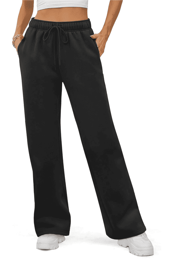 Women's Sweatpants Fleece Lined Wide Leg Joggers Baggy Lounge Pants with Drawstring Elastic Waist and Pockets Fall Winter 2025 Black