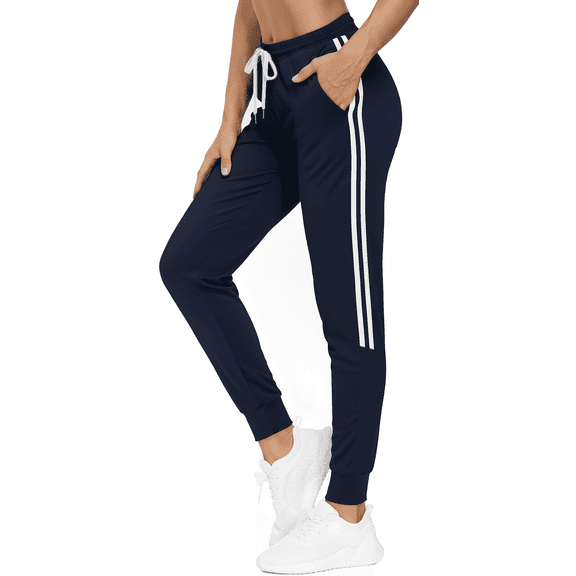 MLDRA Womens Sweatpants Joggers with Pockets Bottom Lounge Pant Lady Athletic Gym Lounge Pants Side Stripe for Workout Running Navy Blue