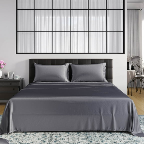 MLILY Ego 100% Viscose Bamboo Bed Sheets Set, Queen, Dark Gray, Wrinkle Resistant, Solid Sateen