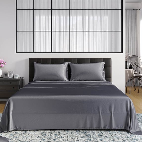 MLILY Ego 100% Viscose Bamboo Bed Sheets Set, Twin, Dark Gray, Wrinkle Resistant, Solid Sateen,