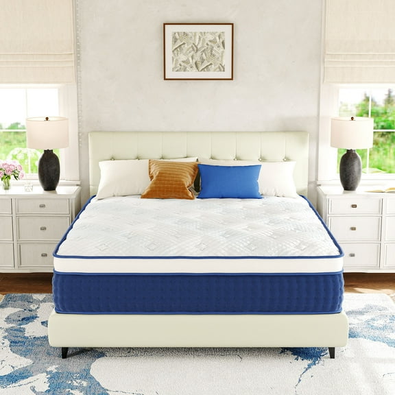 EGOHOME 14 inch Queen Size Mattress, Pocketed Springs, Medium, Pressure Relief, Reinforced Edge, Hybrid Mattress in a Box