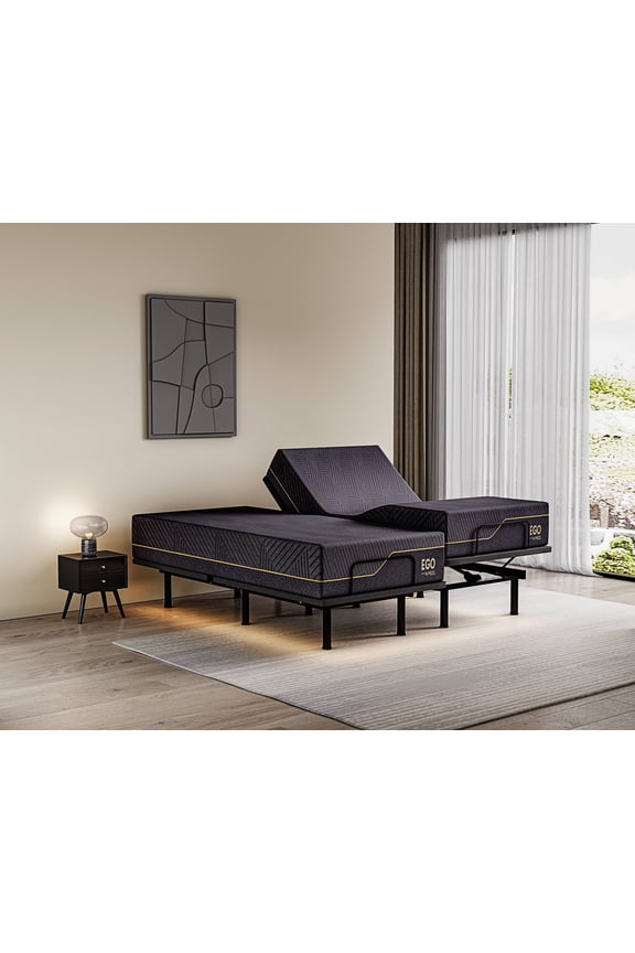 Split King Adjustable Bed Frame and 14 inch Memory Foam Mattress-Electric, Remote Control, Medium