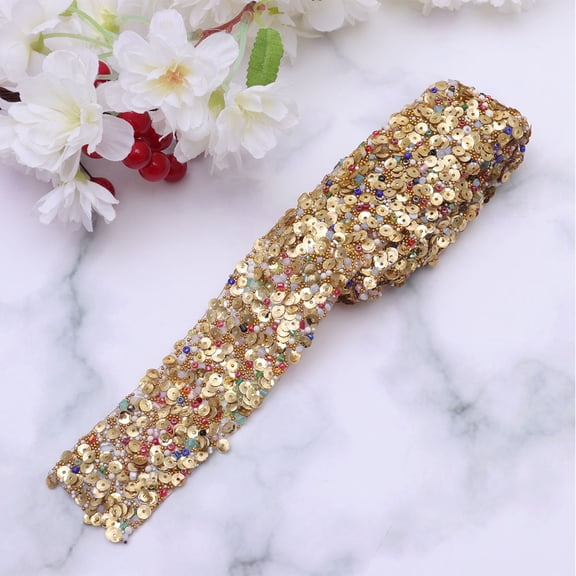 MLINS 1 Meters Delicate Rhinestone Shell Trim Bling Ribbon Sewing on Trim for Dress Sash Belt DIY Bags Shoes Embellishments (3.5cm Width) Golden Sequins