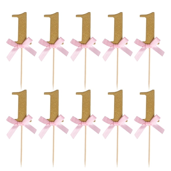 MLINS 10 Pcs Glitter Gold and Pink Ribbon Bow-knot 1st Birthday Anniversary Event Party Cake Cupcake Decoration Toppers