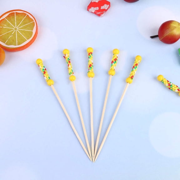 MLINS 100pcs Disposable Fruit Picks Bamboo Cocktail Drink Picks Sticks Party Supplies Favors for Home Bar (Yellow Rope Bead Pattern)