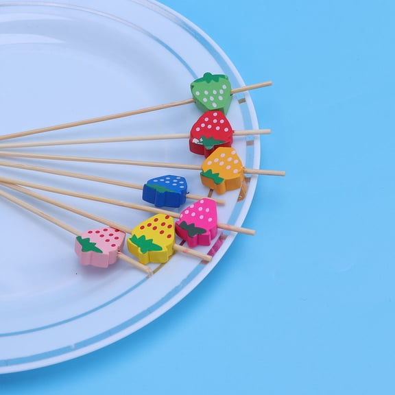 MLINS 100pcs Food Picks Cocktail Fruit Appetizer Drink Picks Sticks Disposable Wood Toothpicks Party Supplies (Colorful Strawberry)