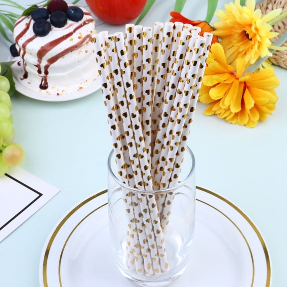 MLINS 100pcs Paper Straws Gold Stamping Heart Printing Drinking Straw Disposable Drinking Paper Tool for Birthday Party Club