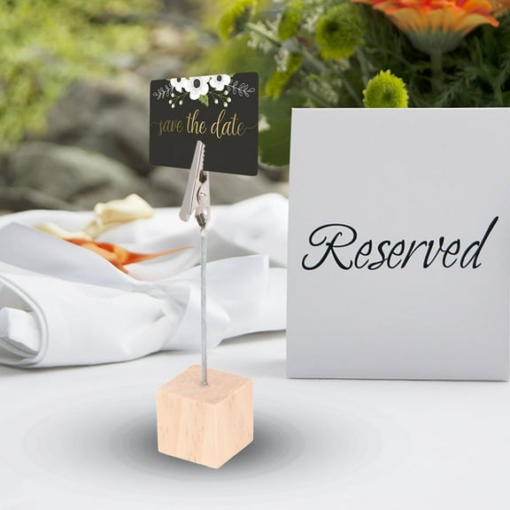 MLINS 10pcs Tabletop Photo Holders with Alligator Clasp for Pictures, Memos and Table Numbers - Pine Wood Cube Base (Wood Color)