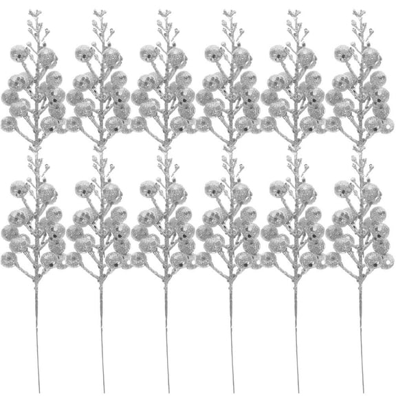 MLINS 12pcs Christmas Glitter Berries Stems, Silvery Berry Stems, Artificial Berry Twig Stem Picks, Silver Garland Wedding Light House Decorations For Home Christmas Tree Supplies