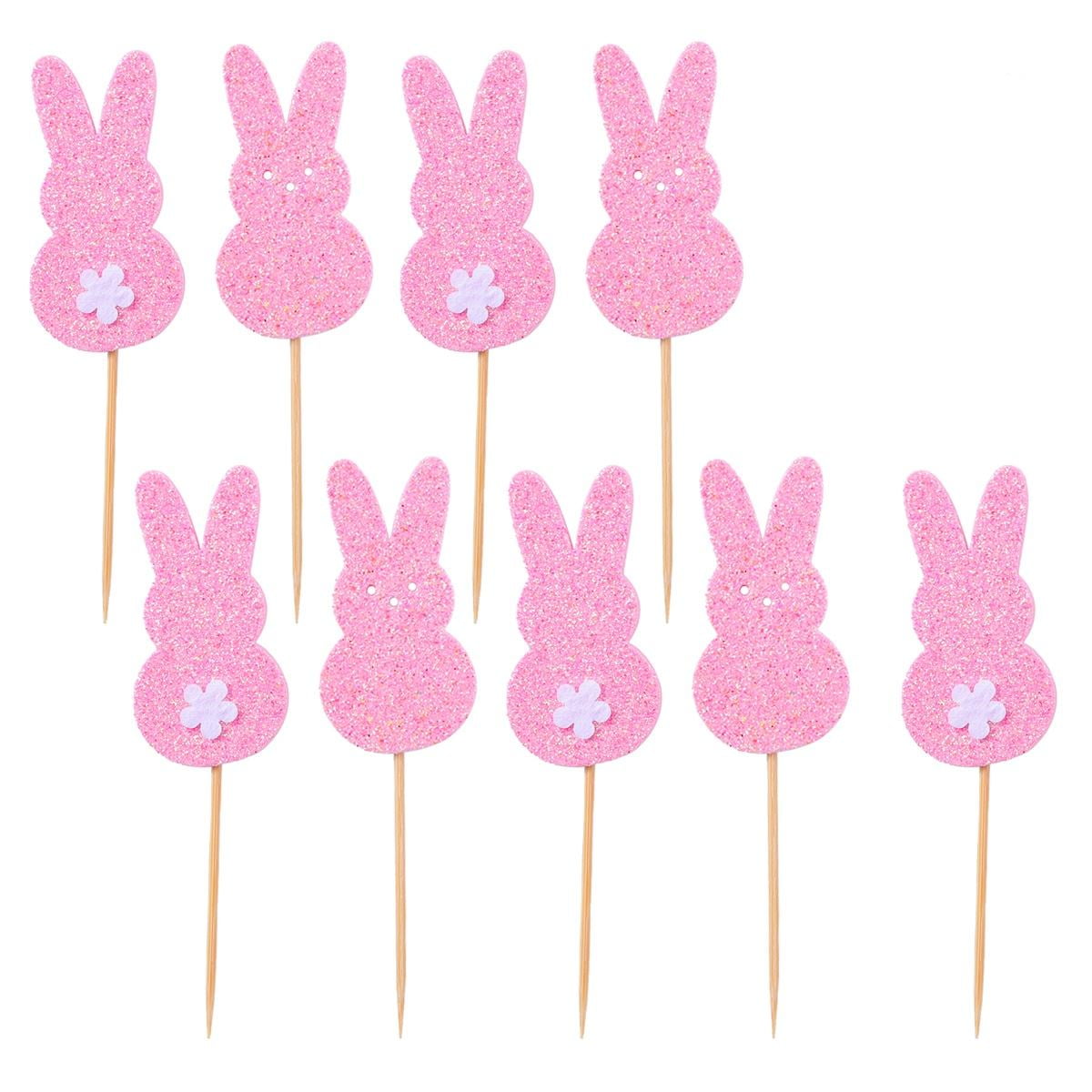 MLINS 12pcs Glitter Easter Rabbit Cake Picks Cake Toppers Cake Decorating Supplies for Easter Birthday Party Favors (Pink)