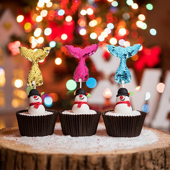 MLINS 12pcs Sequin Fish Tail Cake Toppers Shiny Cake Picks Novelty Party Supplies for Baby Shower Birthday Wedding(Gold, Blue, White, Pink, Red and Multicolor)