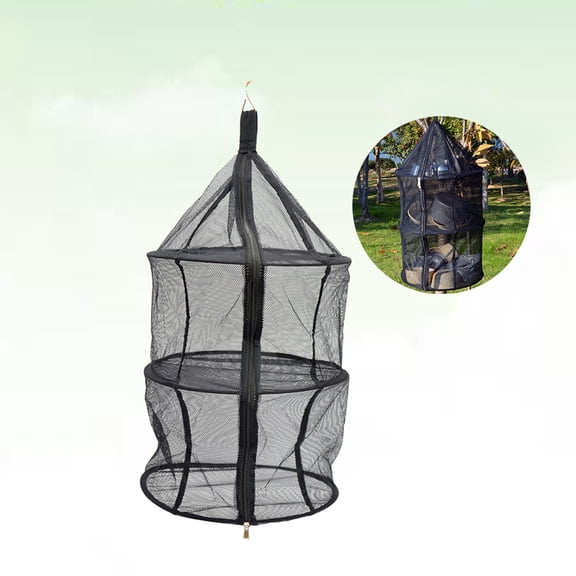 MLINS 1PC Portable Camping Dry Net Folding 3 Layer Hanging Mesh Foods Dish Outdoor Beach Picnic Bag Rack Shelf Storage Basket (Black)