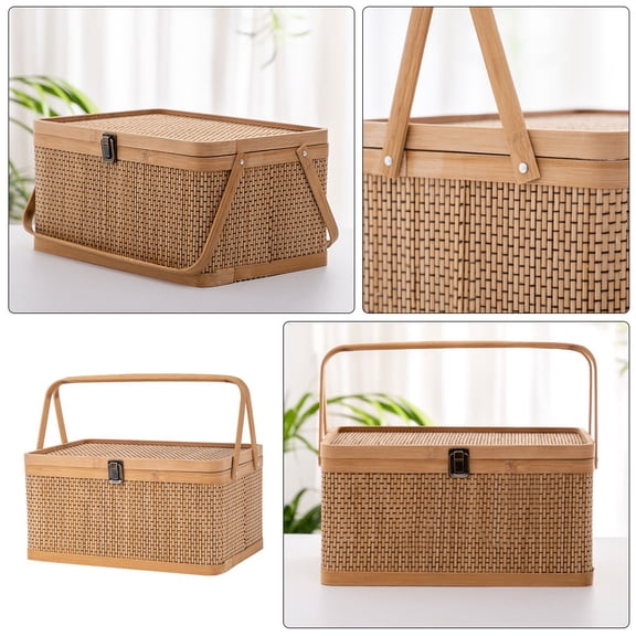 AURARMLET Rectangular Woven Basket Khaki Bamboo 1Set 13.8X9.8X7.1In