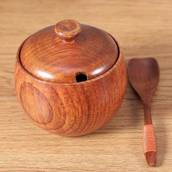 MLINS  2 PCS/Set Salt Dish with Lid and Spoon Solid Wood Seasoning Jar