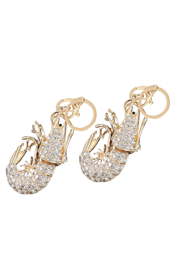 Cool Keychain White Alloy 2pcs Rhinestone Inlaid Shrimp Pendant Decor
