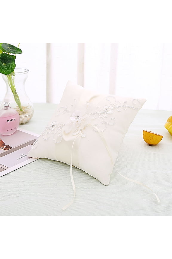 20x20cm Wedding Ceremony Engagement Ring Pillow Bridal Bride Ring Bearer Flower White Ring Pillow with Ribbons