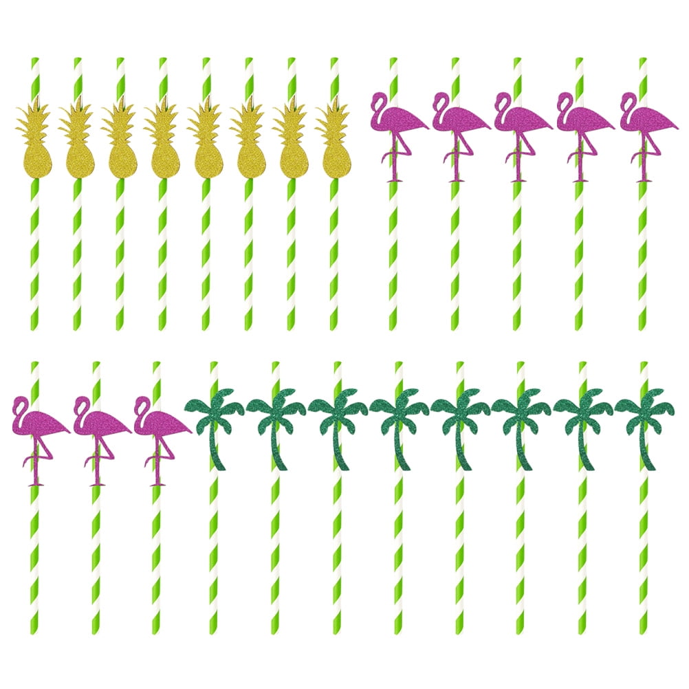 MLINS 24pcs Hawaiian Theme Decorative Drinking Straws for Luau BBQ Table Decor with Pineapple Flamingo